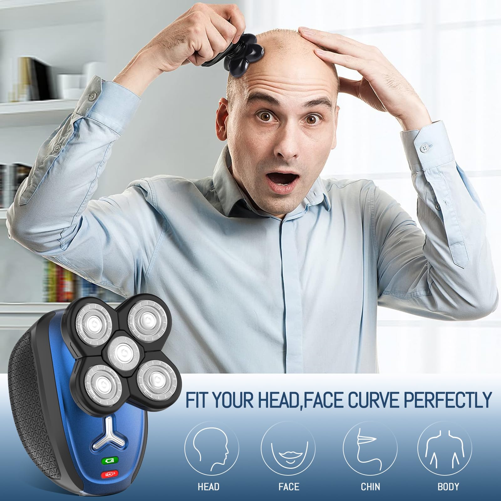 Head Shavers for Bald Men, Cordless Head Shaver, Bald Head Shavers for Men Close Shave Rechargeable Men Shaver Electric Shaver for Men Face IPX6 Waterproof Shaving Machine for Home Travel Use(Blue)