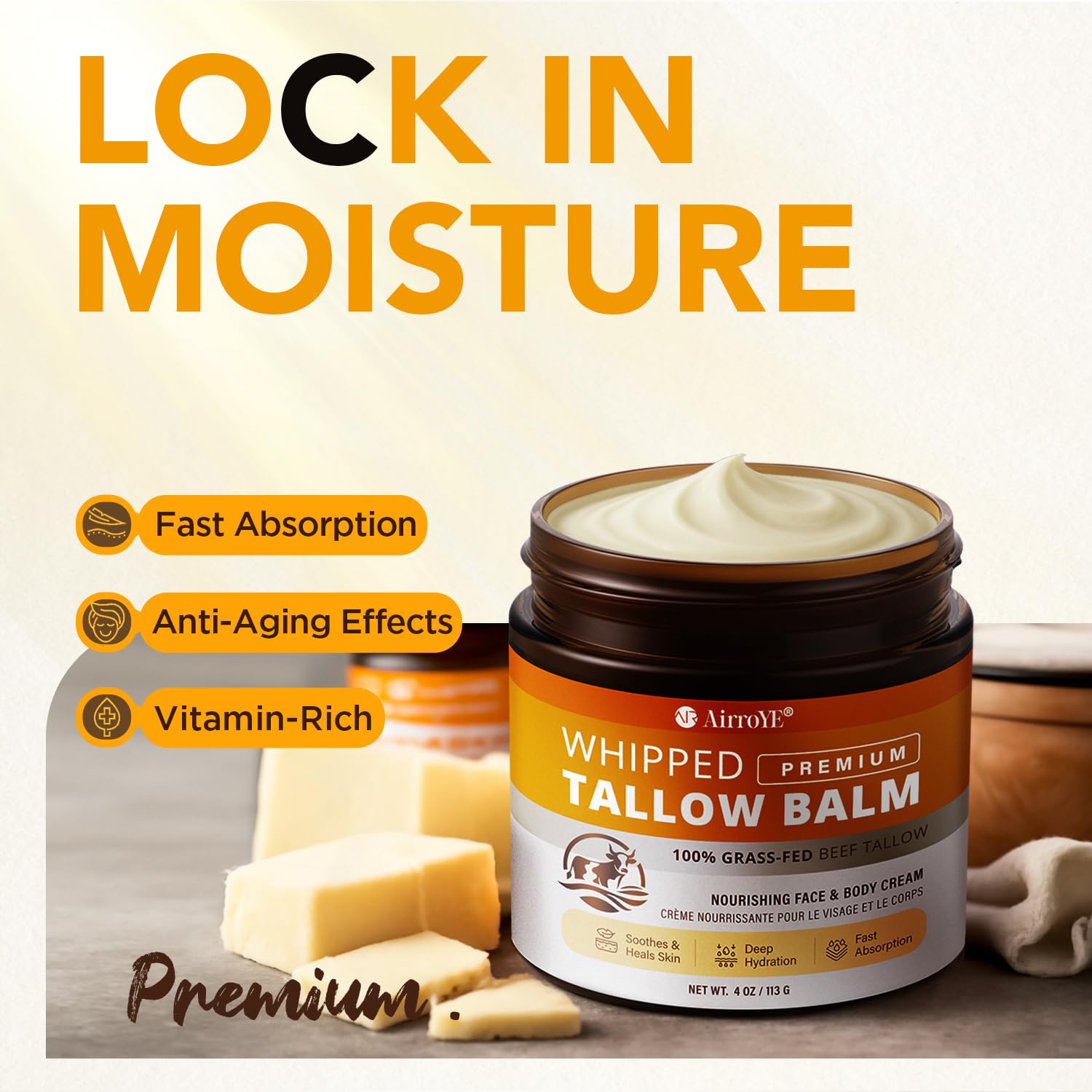 AirroYE Grass-Fed Beef Tallow for Skin: Whipped Beef Tallow Face Body Moisturizer - All Natural Skincare Tallow Balm for Eczema and Dry Skin 4oz (Unscented)