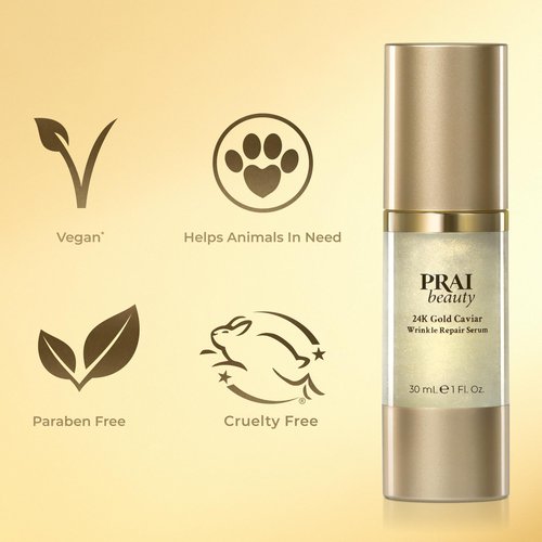 PRAI Beauty 24K Gold Caviar Wrinkle Repair Serum for Face | Anti-Aging Serum with Hyaluronic Acid to Plump and Fill In Wrinkles 4 oz