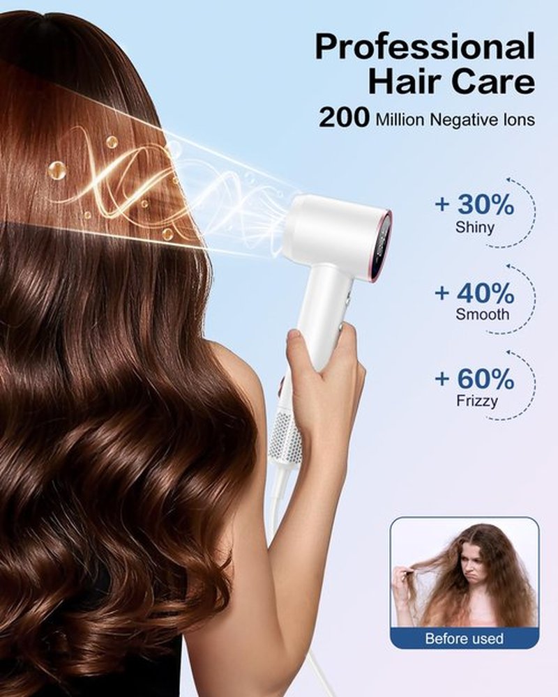 Hair Dryer with Diffuser,High Speed Ionic Blow Dryer 500 Millions Negative Ionic Low Noise,Magnetic Attachments,Thermo Control for Home Travel Salon White