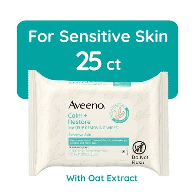 Aveeno Sensitive Skin Essentials Gift Set with Daily Moisturizing Lotion, Body Wash, Calm + Restore Makeup Removing Wipes, & Skin Relief Repairing Hand Mask, 4 Items