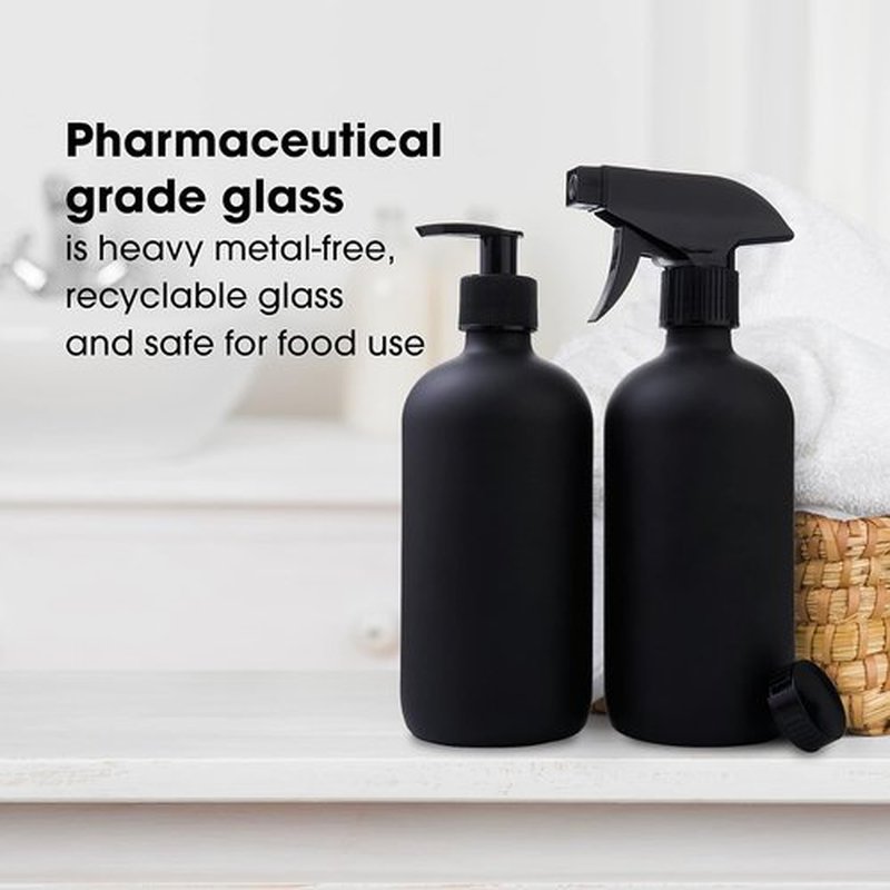 Boston Round Glass Bottles - 16oz Reusable Spray & Soap Dispenser Set of 2 | Ideal for Cleaning