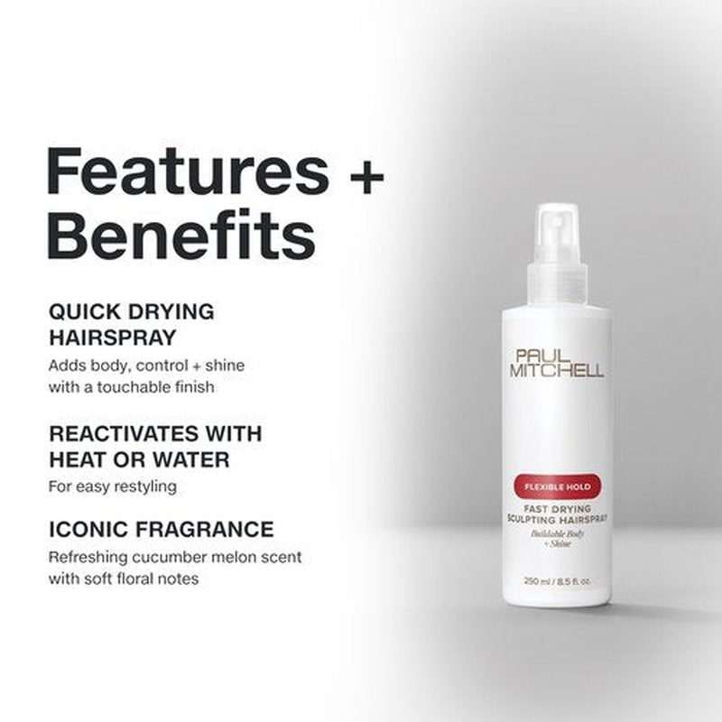 Paul Mitchell Fast Drying Sculpting Hairspray, Flexible Hold, Buildable Body + Shine, For All Hair Types, 2.5 oz
