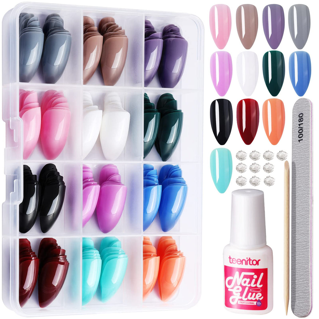 Teenitor Almond Press On Nails Medium Almond Glossy Press On Fake Nails, 288Pcs Press On Nails With Glue,12 Color Glue On Nails