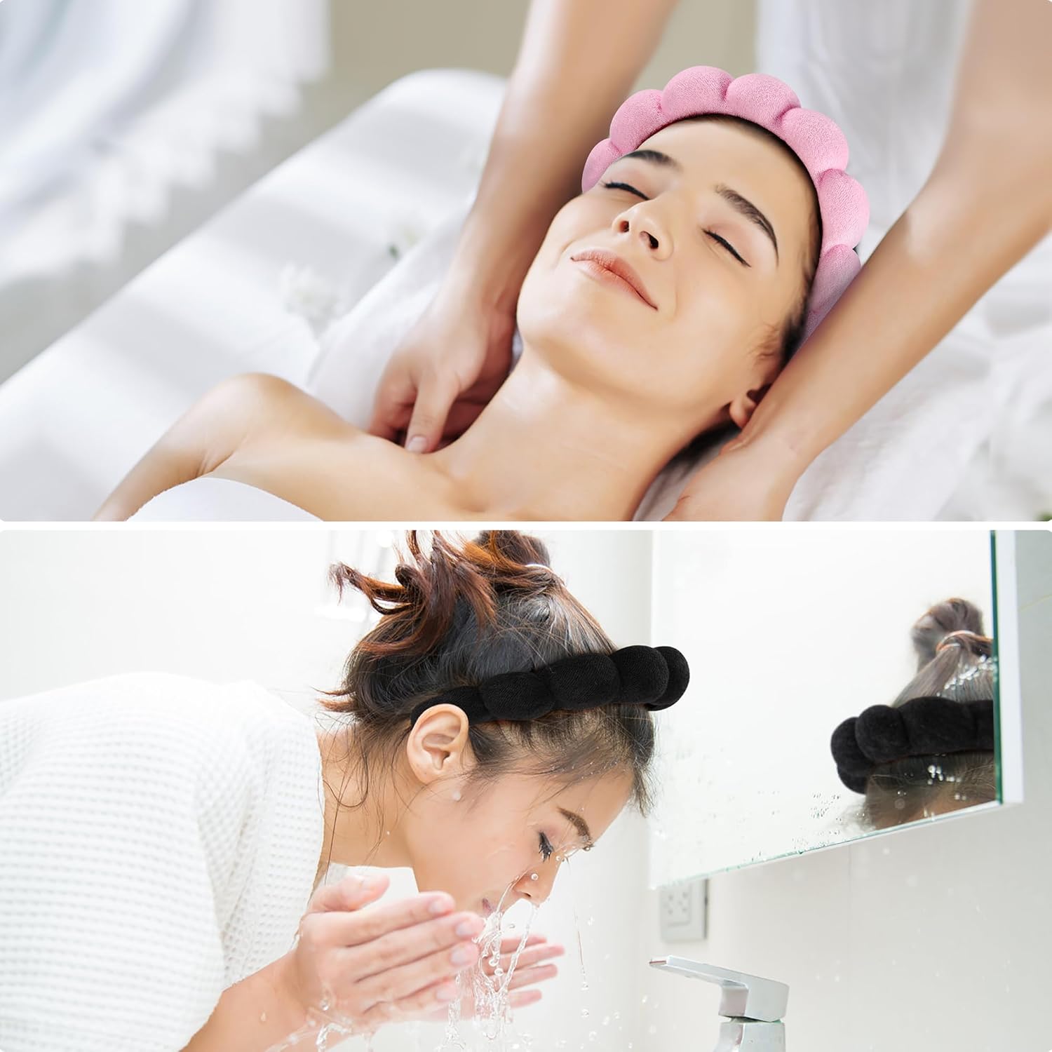 Ztomine Spa Headbands - Set of 2 Terry Cloth Skincare Headbands for Face Washing | Black & Pink