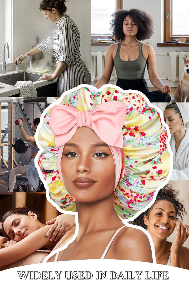 Vettres Hair Bonnet for Sleeping Satin Lined Sleep Cap Double Layer Silk Head Wrap for Curly Natural Hair Strawberry Patchwork