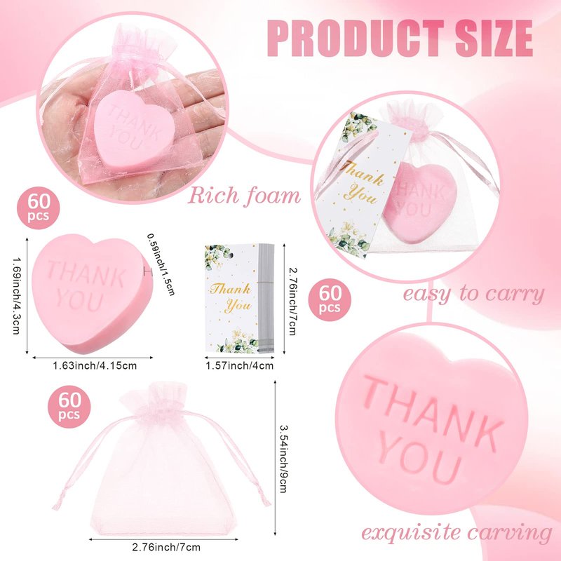 Demissle 60 Sets Scented Heart Soap Favors for Guests Baby Shower Favors Soaps Thank You Gifts with Thank You Tags Drawstring Organza Bag Guests Wedding Party Bridal Shower Gift(Pink)
