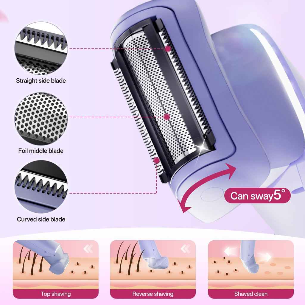 Krofaue Women Electric Shaver, 3-in-1 Blades, IPX6 Waterproof, LED