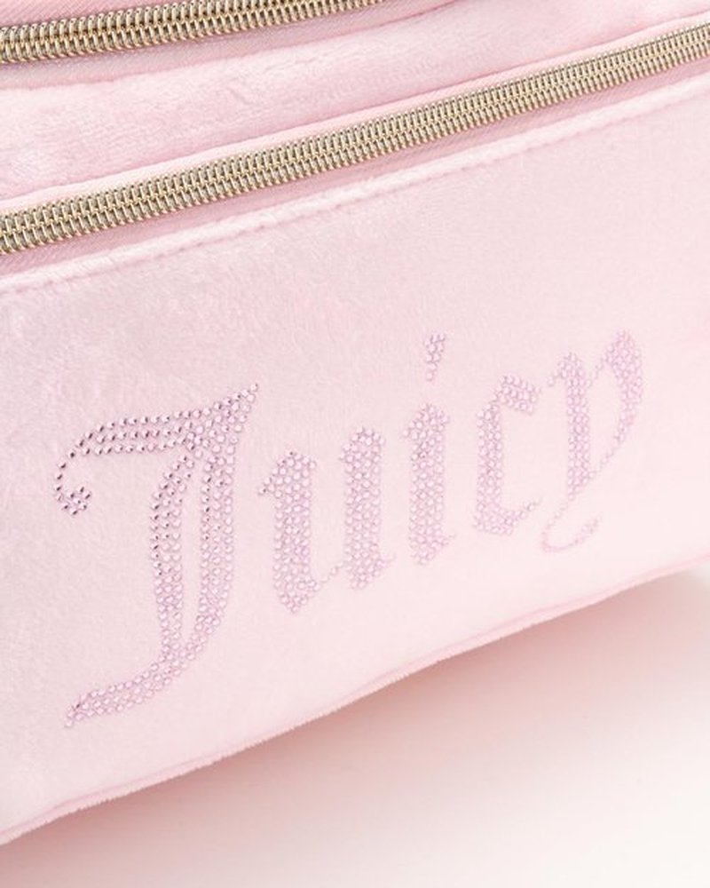 Juicy Couture Pink Makeup Bag - Velour Cosmetics Organizer with Rhinestones for Travel Essentials