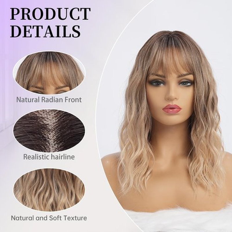simkaylee Wavy Long Ombre Blonde Wigs with Bangs for Women Medium Middle Length Blond Wig Synthetic with Water Wave Fringe Womens Heat Resistant Hair Wig for Daily Party Use (16inch)