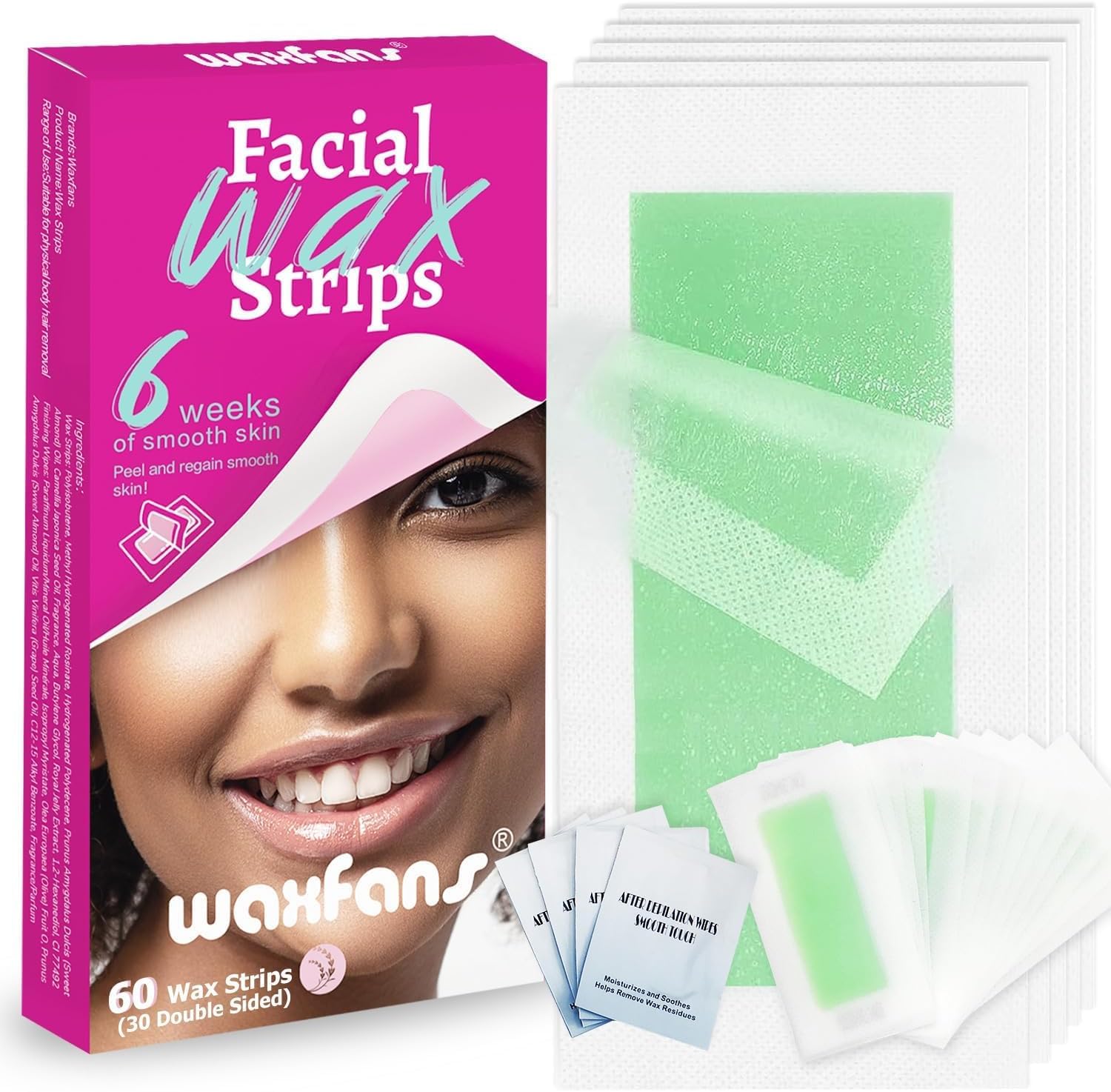 Waxfans Wax Strips for Hair Removal, 60 Counts Facial Wax Strips for Face,Eyebrow,Body,Bikini, Easy at Home Waxing Kit for Women with Sensitive Skin, Long-Lasting Cera Depilatoria Waxing Strips (Red)