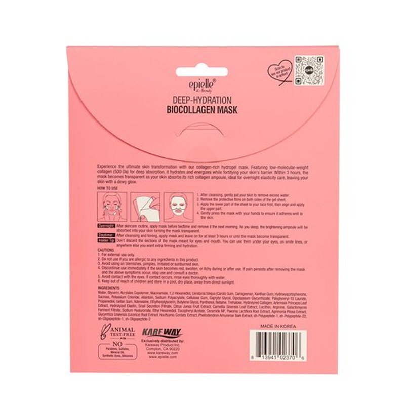 Epielle Deep Hydration BioCollagen Mask 3 Count, Overnight Hydrogel Facial Mask with 500DA Ultra-Low Molecular Collagen, Hyaluronic Acid & Galactomyces Ferment Filtrate, Korean Skin Care