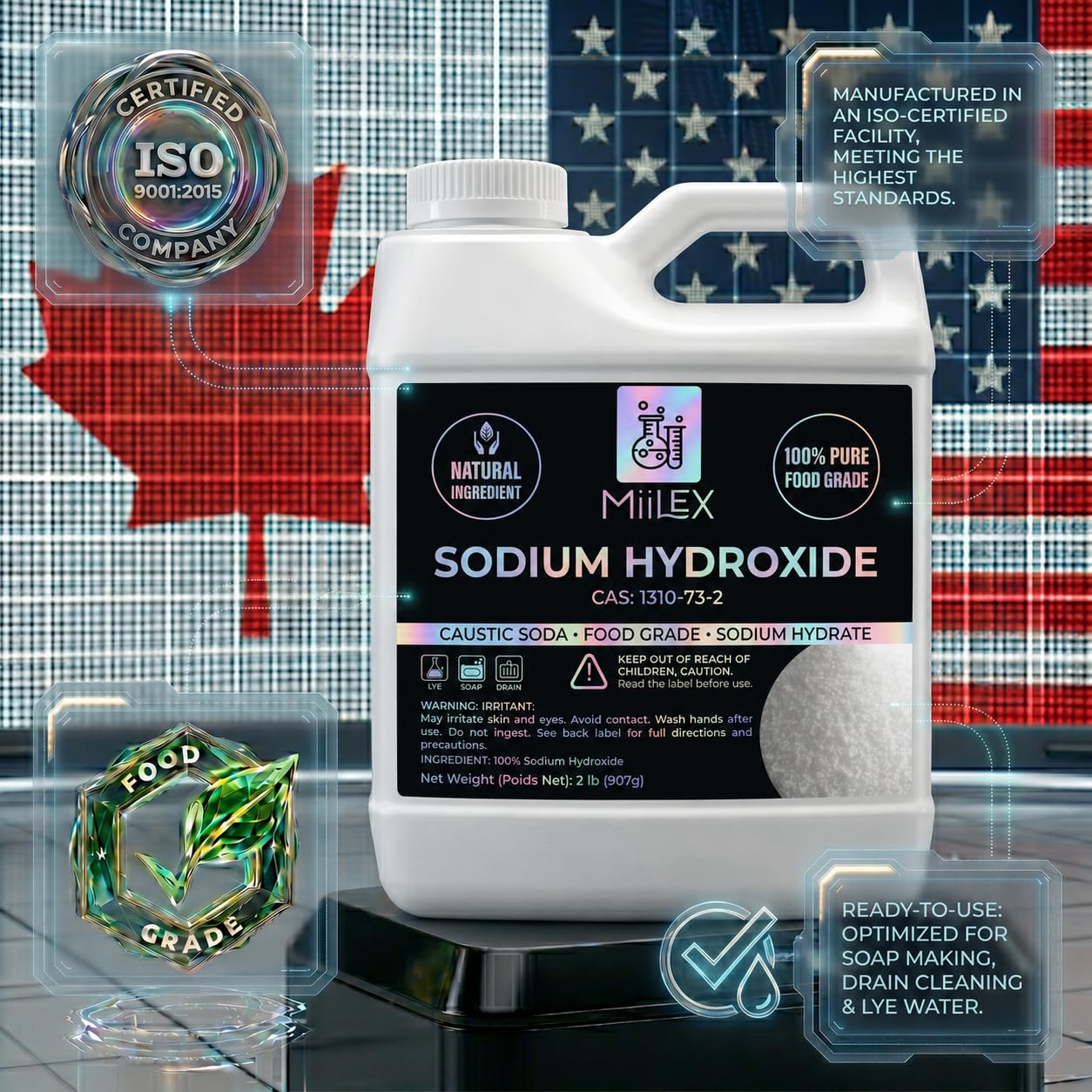 Food Grade Lye Sodium Hydroxide - 100% Pure, 100% Caustic Soda, Food Grade Lye for Soap Making, Kosher Certified | Soap Making, Drain Cleaning, and Culinary Use (2lbs or 907g)