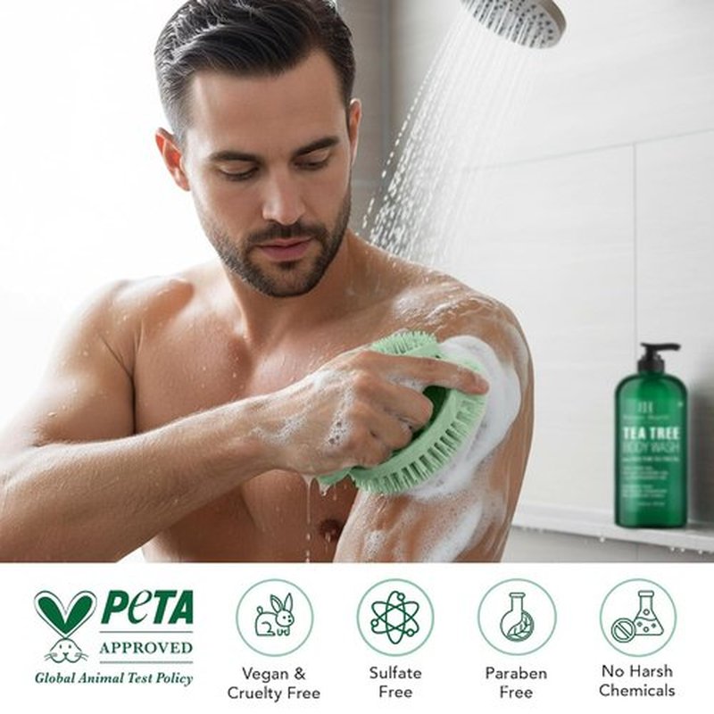 Botanic Hearth Tea Tree Body Wash - Infused with 100% Pure Tea Tree Oil & Coconut | 16 fl oz with Dual-Sided Brush