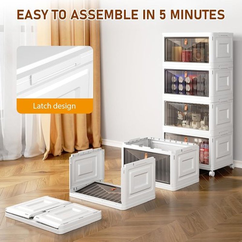 Skiennix 4-Tier Storage Bins - Stackable Closet Organizers with Lids & Wheels | 23QT, White