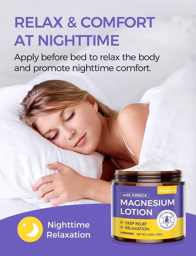 Wagomars Natural Soothing Magnesium Lotion - Topical Nighttime Magnesium Cream with Arnica, Shea Butter & Coconut Oil for Legs & Muscles - Skin Comfort, Relaxation & Deep Hydration - Safe for Kids