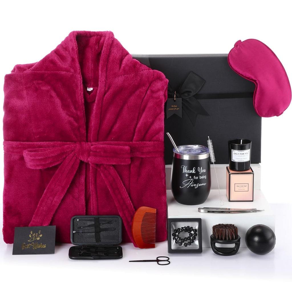 Nuogo 15 Pcs Birthday Gifts for Men Beard Care Set for Him Dad Birthday Gifts Basket Ideas Kit for Men Tumbler Bath Robe for Father's Day Dad Husband Boyfriend Box(Unhooded,Wine Red)