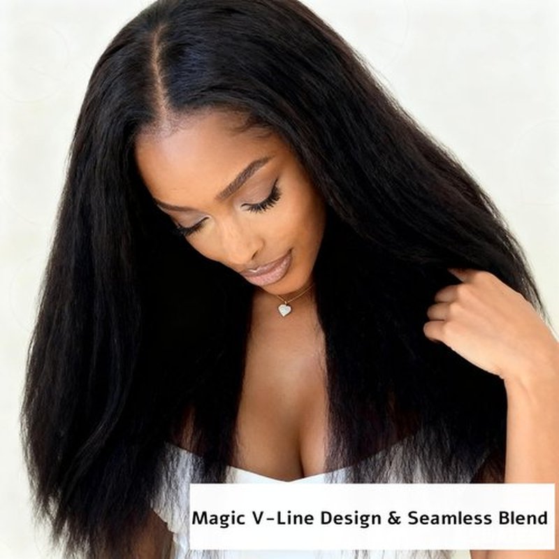 Enivuoso Yaki Straight V Part Wig Afro Kinky Straight Half Wig 180% Density Wear and Go Glueless Synthetic Half Wigs for Black Women, Synthetic No Leave out Clip in (#1B Black, 20 Inch)