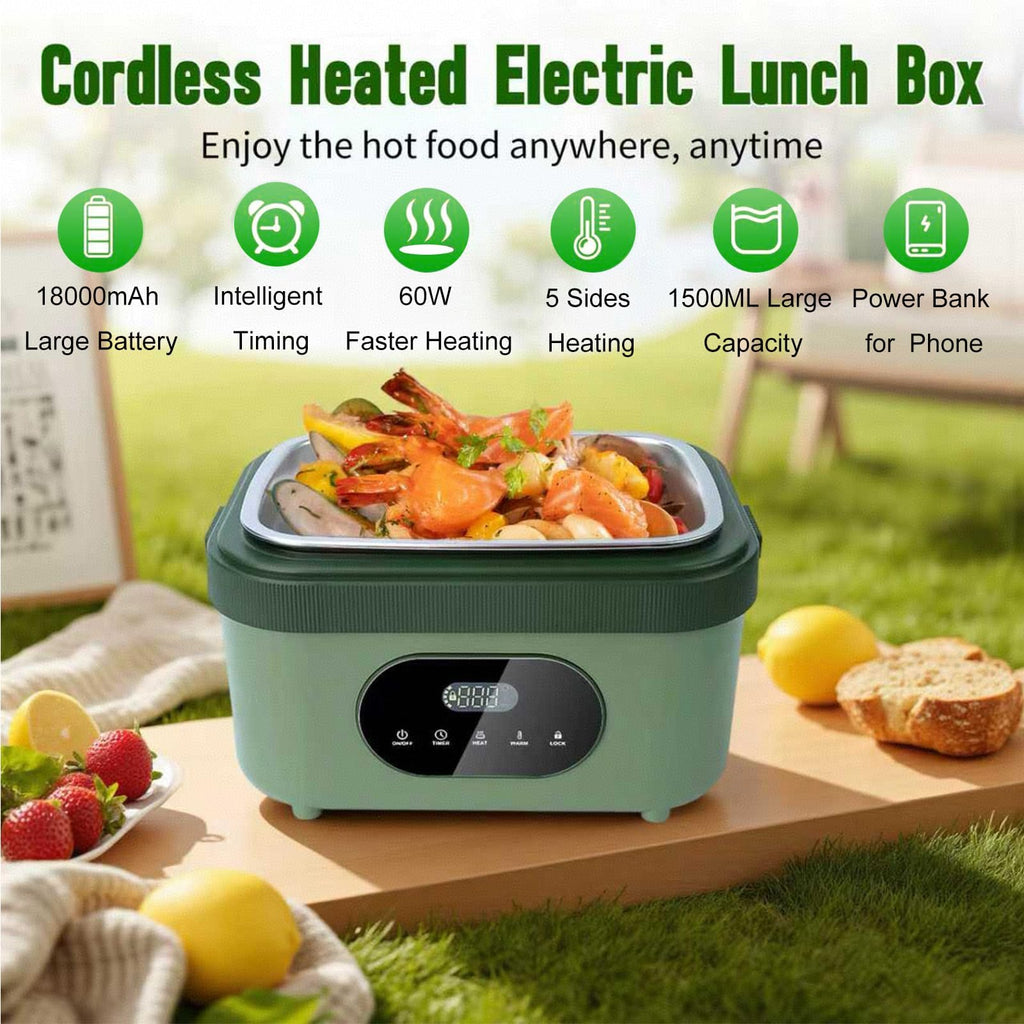 MDHAND Heated Lunch Box for Men - 18000mAh Battery Powered Cordless Electric Lunch Box for Adults Worker, Commuters, Drivers, 5 Side Self-Heating, Scheduled Heating & 6.3 Cups Container