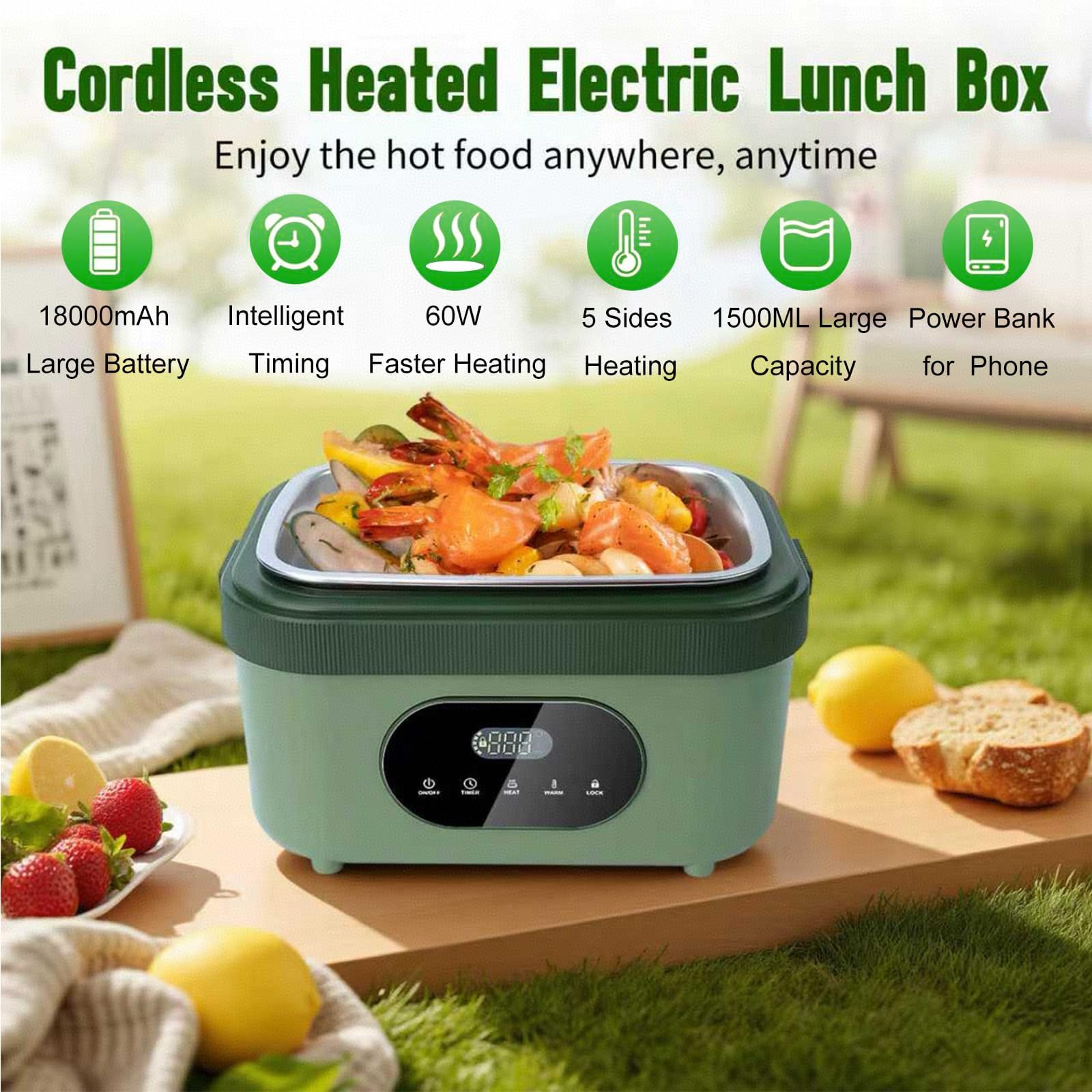 MDHAND Heated Lunch Box for Men - 18000mAh Battery Powered Cordless Electric Lunch Box for Adults Worker, Commuters, Drivers, 5 Side Self-Heating, Scheduled Heating & 6.3 Cups Container