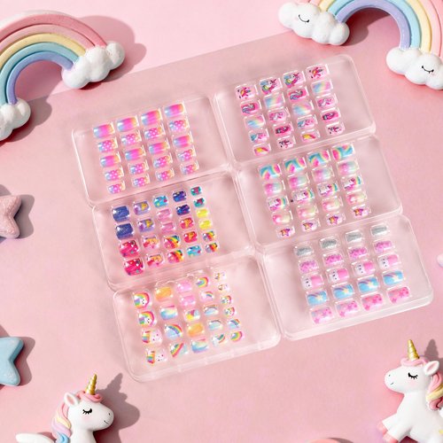 SIUSIO 6 Pack Press on Nails kids Children Acrylic Fake Nails Cute Pre-glue Full Cover Gradient Color Rainbow Short Stick On False Nail Art Kits Set for Kids Little Girls - Rainbow Dream
