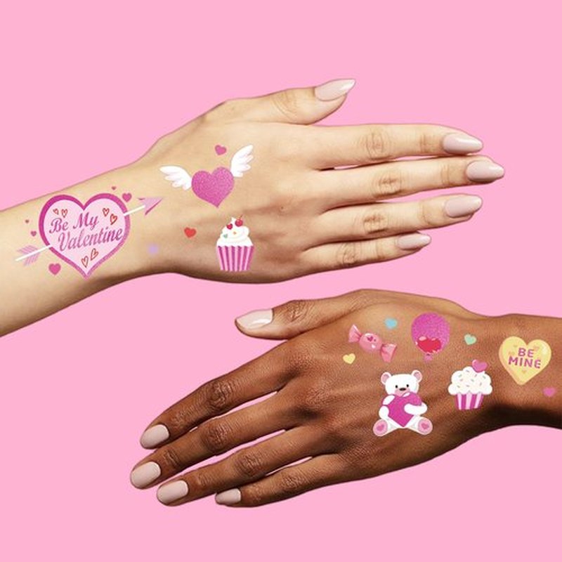 Ovasorve Valentine's Day Temporary Tattoos 68 Styles V-Day Hot Pink Foil Tattoos Galentines Day Decoration Be Mine Party Favor Valentines Candy Heart Supplies Classroom Exchange Prizes