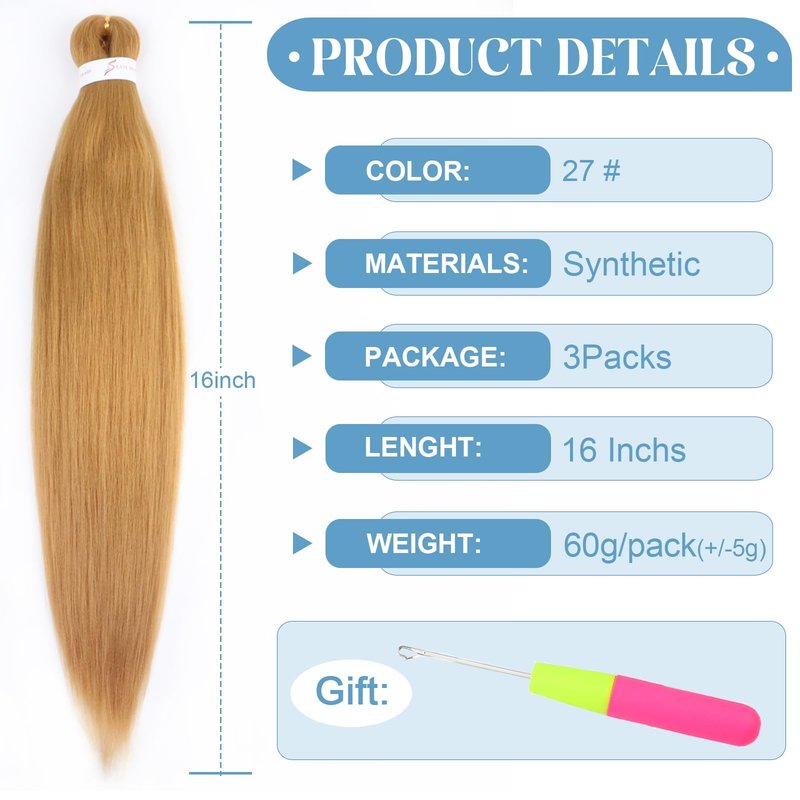 WacanDan Honey Blonde Braiding Hair Pre stretched 16 Inch 3 Packs, 27# Professional Soft Yaki Texture Long Braid Extensions, Hot Water Setting for Box Braids Twist & Crochet Braids