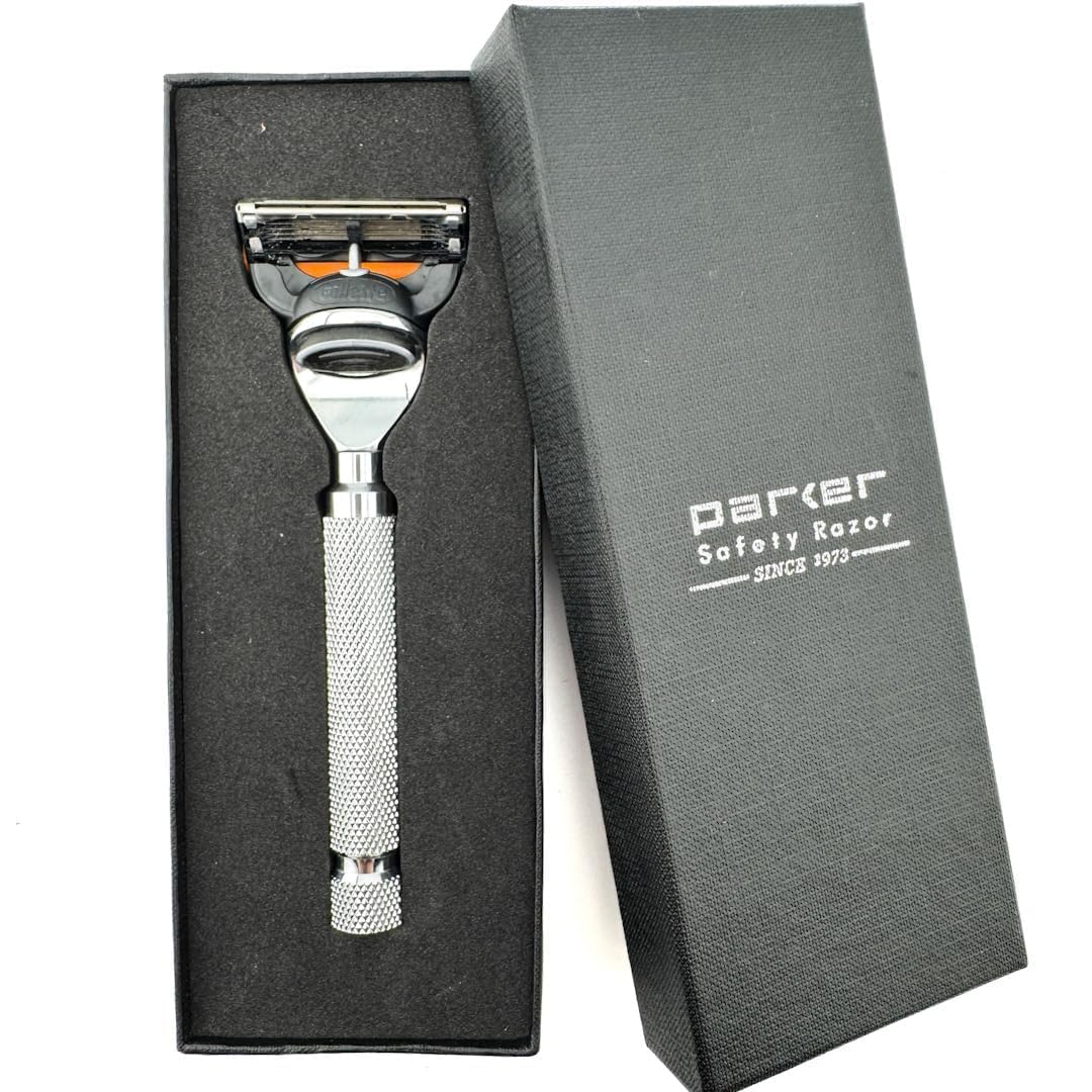 Parker 5-Blade Razor Handle – Compatible with GIllette Fusion Cartridges, Weighted Metal Handle for Smooth, Tug-Free Shaving | Premium Men’s Razor, Gift-Ready, Includes 1 Gillette Fusion Cartridge