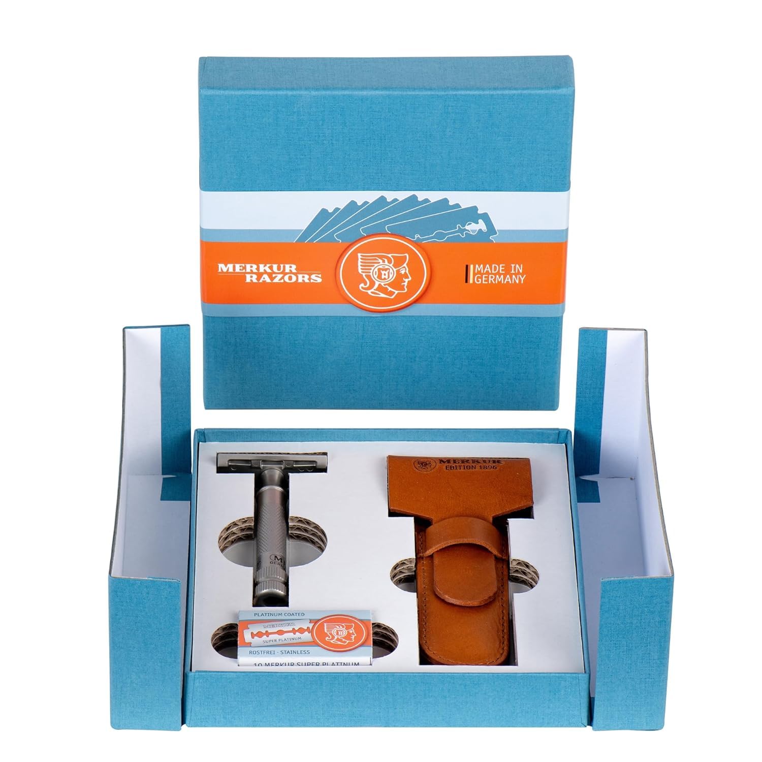 MERKUR Stainless Steel Safety Razor Set 34 INOX | Includes Premium Safety Razor, Leather Case and 10 Platinum Blades | Satin Matt | Closed Comb | Ideal for Wet Shaving | Made in Germany