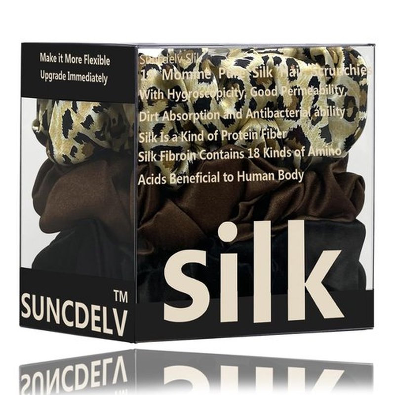 Suncdelv Silk,100% Silk Scrunchies for Hair,22 Momme Hair Ties for Anti-Crease & Breakage,Natural Women Hair Accessories，Fashion Hairbands 3PCS（Leopard print）