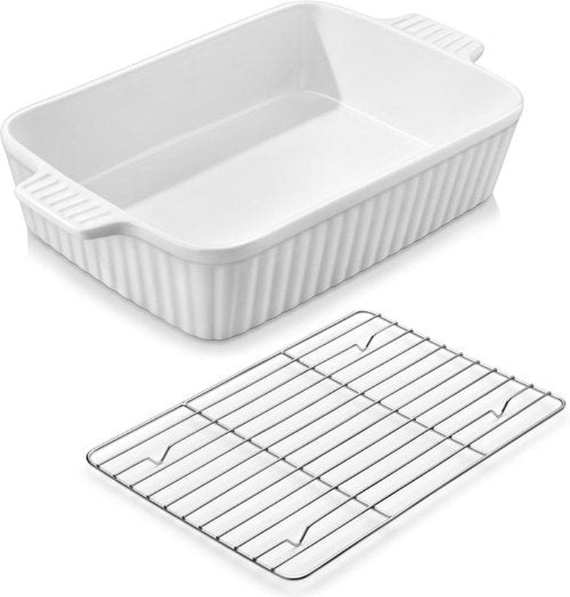MALACASA 4.4 QT Ceramic Baking Dish - Large 9x13 Casserole Pan with Rack & Handles | Oven & Microwave Safe, White