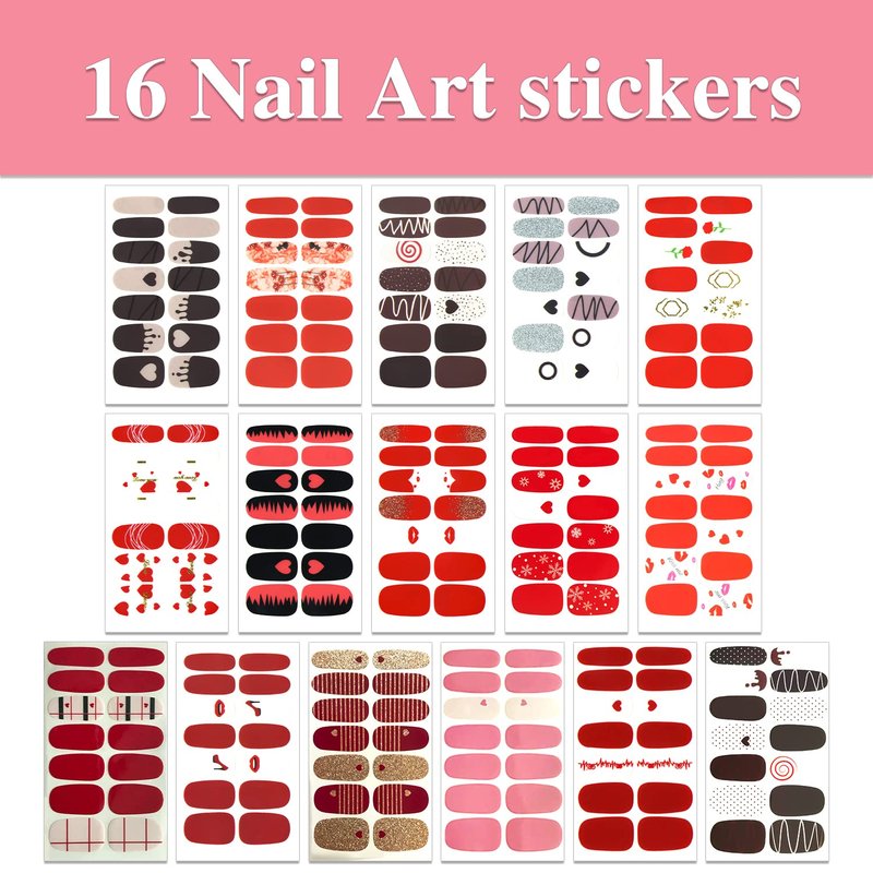WOKOTO 16 Sheets Nail Polish Strips with Nail File Valentines Day Nail Stickers Full Nail Wraps for Acrylich Nails Heart Shapes Gel Nail Strips Stickers for Nails Self-Adhesive Nail Polish Stickers