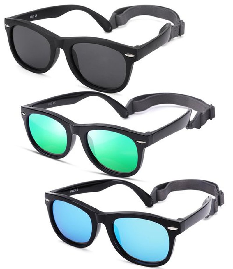 Polarized Baby Sunglasses with Strap - Unbreakable Flexible Infant Sunglasses for Toddlers Age 0-24 Months (Balck/Gray + Black/Blue + Black/Green) - 3 Pack