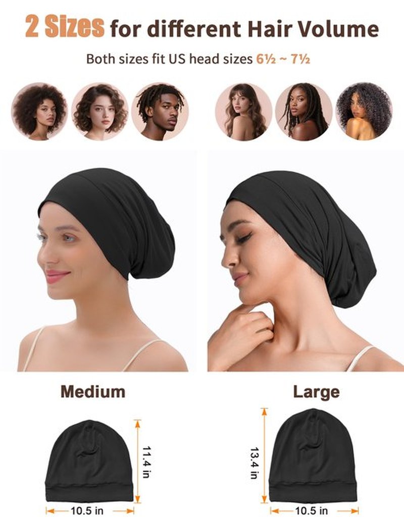 Satin Lined Bonnet for Sleeping Women Men - Adjustable Sleep Cap, Slouchy Beanie Hair Wrap for Curly Braid Locs, M Black,Gray