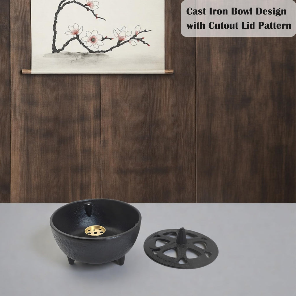 SECHUDO Small Cast Iron Incense Burner Holder, Home Decor, Bowl Design with Decorative Lid, Black Incense for Sticks, Resin, Cone Incense or Wax Melts
