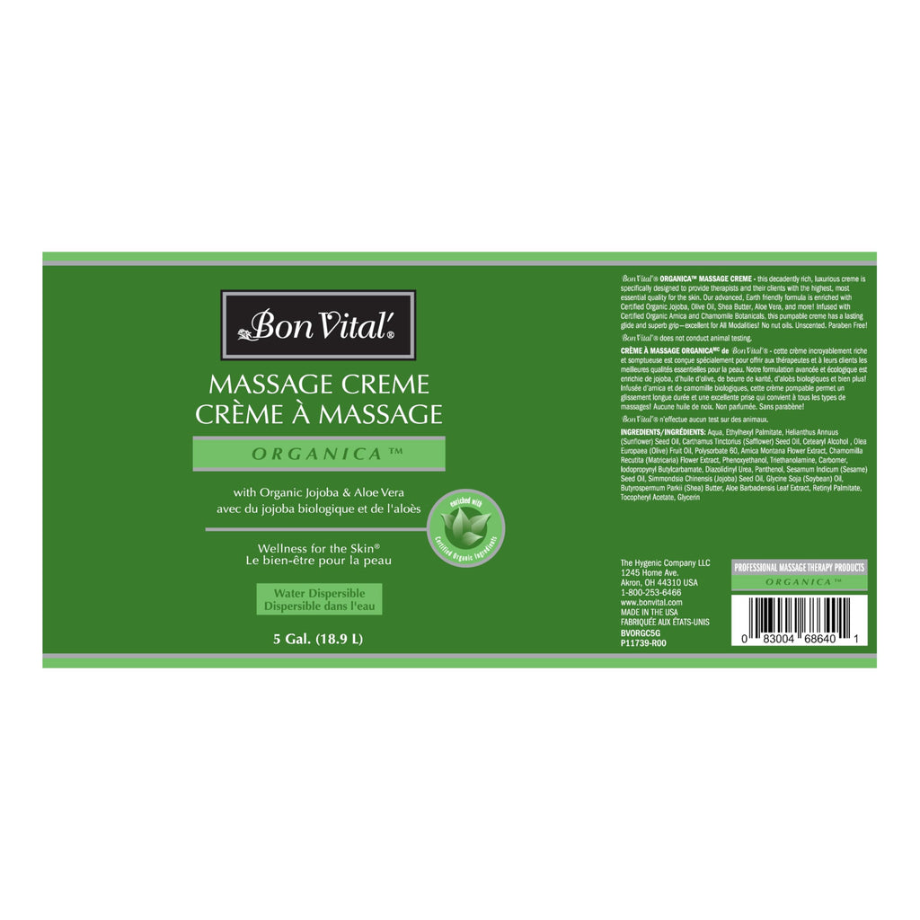 Bon Vital' Organica Organic Massage Creme, 5 Gallon, Organic Jojoba Oil, Non-Greasy, Hypoallergenic, Cream For Sensitive Skin, Massage Therapy & Muscle Relaxation, Spa Quality