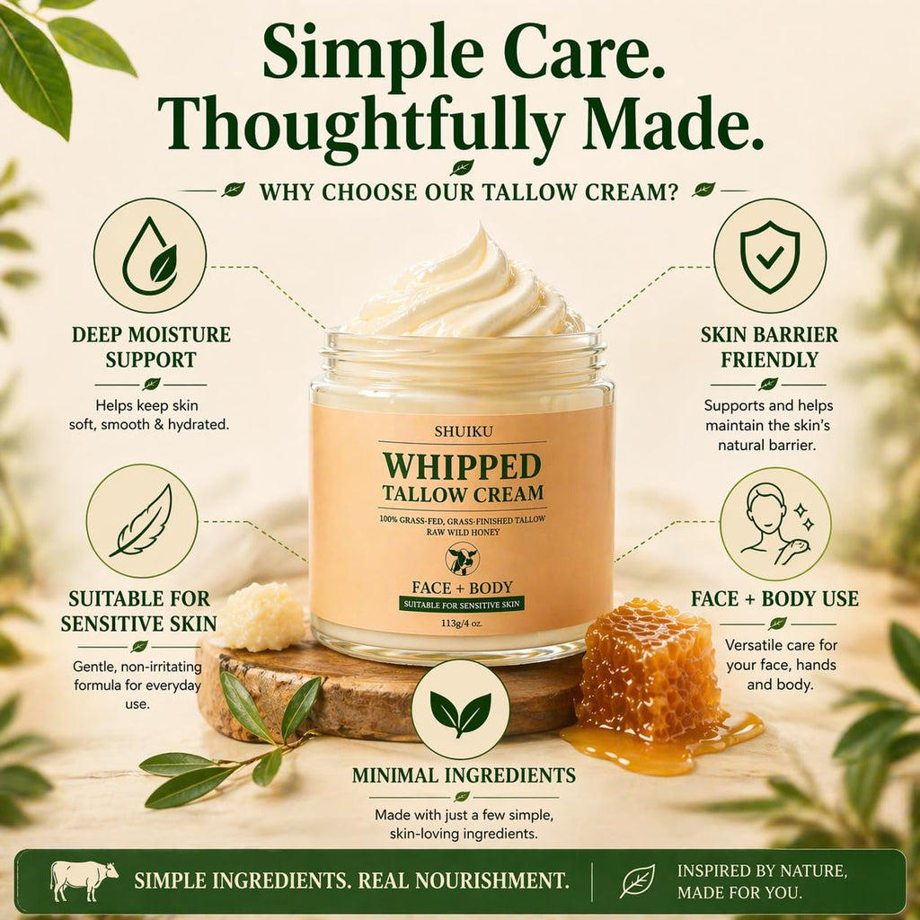 Beef Tallow for Skin with Honey Balm – All-Natural Moisturizer Hydrates and Nourishes the Skin, Whipped Grass-fed Beef Tallow Honey Balm blend - Ultra-Nourishing Moisturizer for Face, Body & Hands.