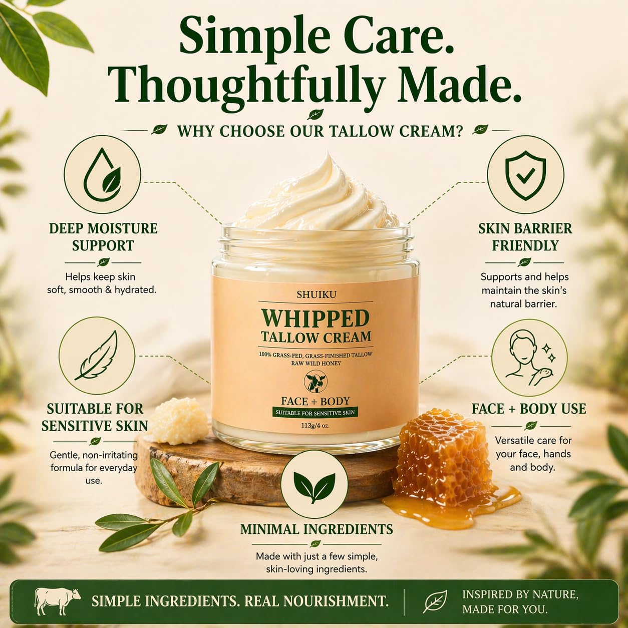 Beef Tallow for Skin with Honey Balm – All-Natural Moisturizer Hydrates and Nourishes the Skin, Whipped Grass-fed Beef Tallow Honey Balm blend - Ultra-Nourishing Moisturizer for Face, Body & Hands.