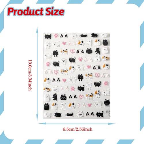 4 Sheets Cats Series Nail Stickers Cats Lover Nail Art Stickers Embossed Nail Decals with Siamese Calico Cat Black Cat Designs Cute DIY Self-Adhesive Nail Art Supplies