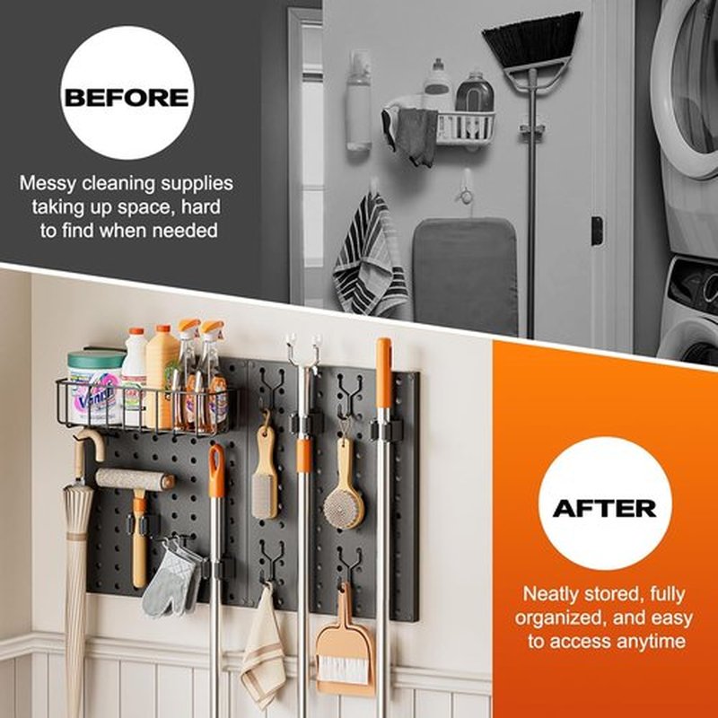 Skiennix Broom Holder Wall Mount - Durable Peg Board Organizer with Mop Hanger and Hooks for Laundry Room Storage