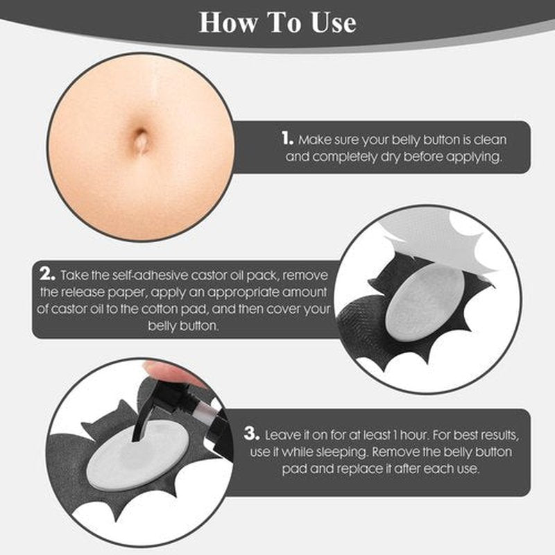 30Pcs Castor Oil Pack for Belly Button Set, Black Bat Shape Self-Adhesive Patches with 4oz Organic in Glass Bottle, Breathable Cotton Pads for Wellness