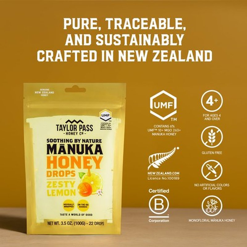 Taylor Pass Honey Co Mānuka Honey Drops UMF™ 10+ - Zesty Lemon Lozenges | Soothing On-The-Go Relief | 22 Wrapped Drops