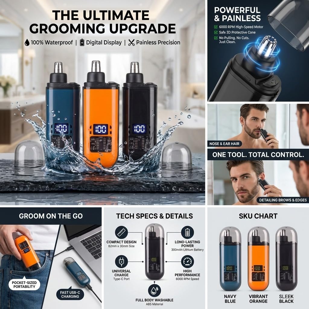 Nose Hair Trimmer for Men - 2025 Professional Painless Nose and Ear Hair Trimmer, IPX7 Waterproof, 6000 RPM Dual Blades, USB Rechargeable, Digital Display, Pocket Size for Travel (Navy Blue)