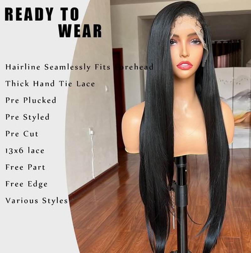 13x6 Lace Front Wigs Black Wig Pre-layered Fashion Style HD Lace Free Part Frontal Wig Natural Density Long Straight with Wavy End Pre Plucked Tiny Knots with Baby Hair 30 Inch Synthetic Lace Wig