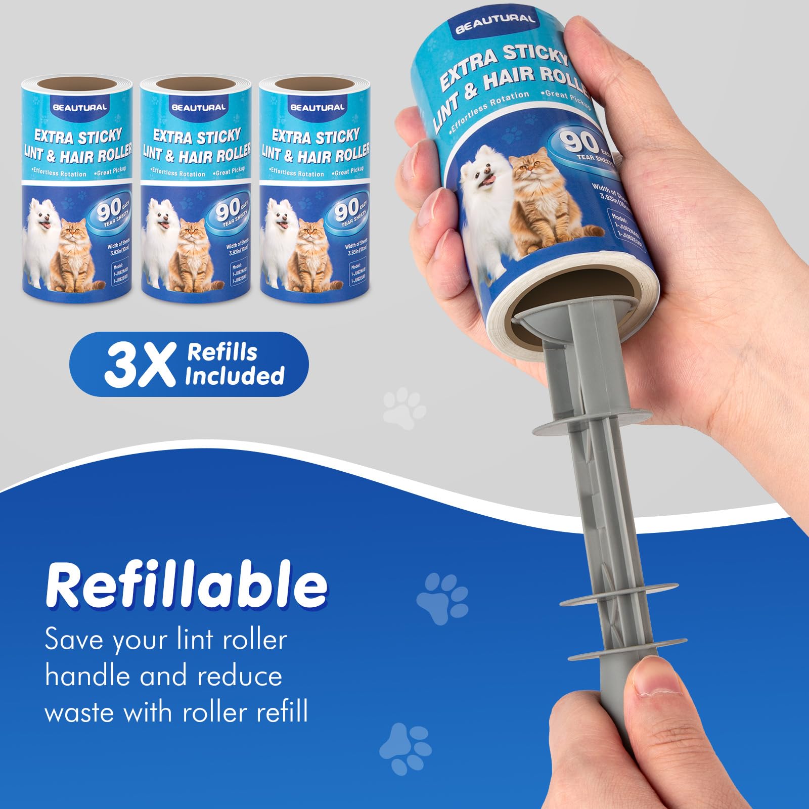 BEAUTURAL Lint Roller, Extra Sticky 360 Sheets for Pet Hair Removal, Dog and Cat Lint Remover 4 Pack, Upgraded Version