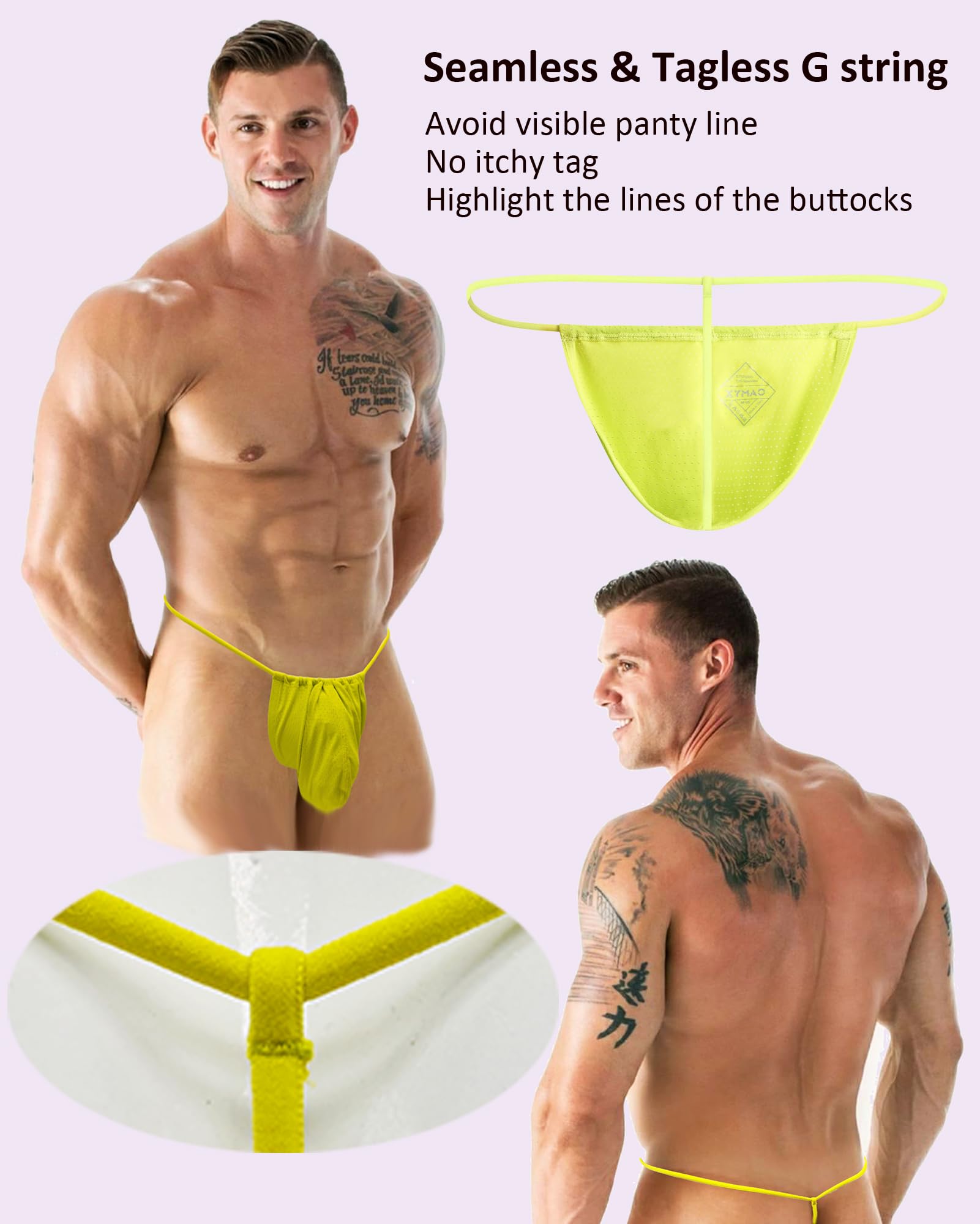 XYMAO Men's G String Thong for Man, Adjustable Bulge Pouch Male Thongs, Soft Breathable & Comfort Fit T Back Yellow