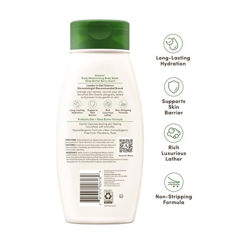 Aveeno Daily Moisturizing Body Wash with A Shea Butter Berry Scent & Soothing Prebiotic Oat, Provides Long-Lasting Hydration for Sensitive Skin, Hypoallergenic, Paraben-Free, 18 fl. oz