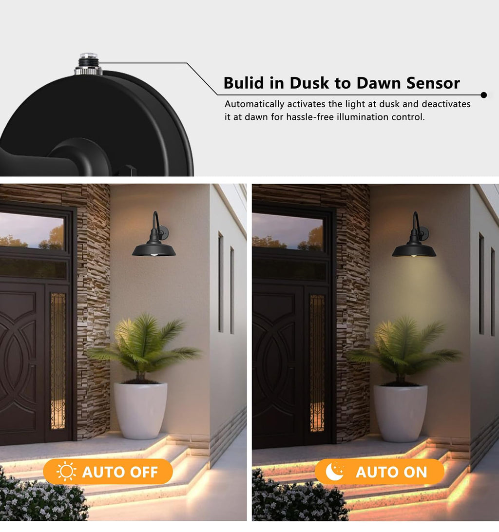 Franing 15 Inch Large Outdoor Gooseneck Barn Light, Dusk to Dawn Barn Lights 2-Pack, Exterior Classic Black Barn Light for Porch, Farmhouse, Garage, Gooseneck Lighting