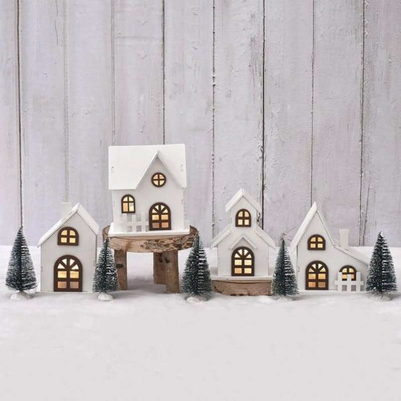 Ovootok Christmas Sculpture Set - 9-Piece LED Lighted Houses & Frosted Trees for Tabletop Décor