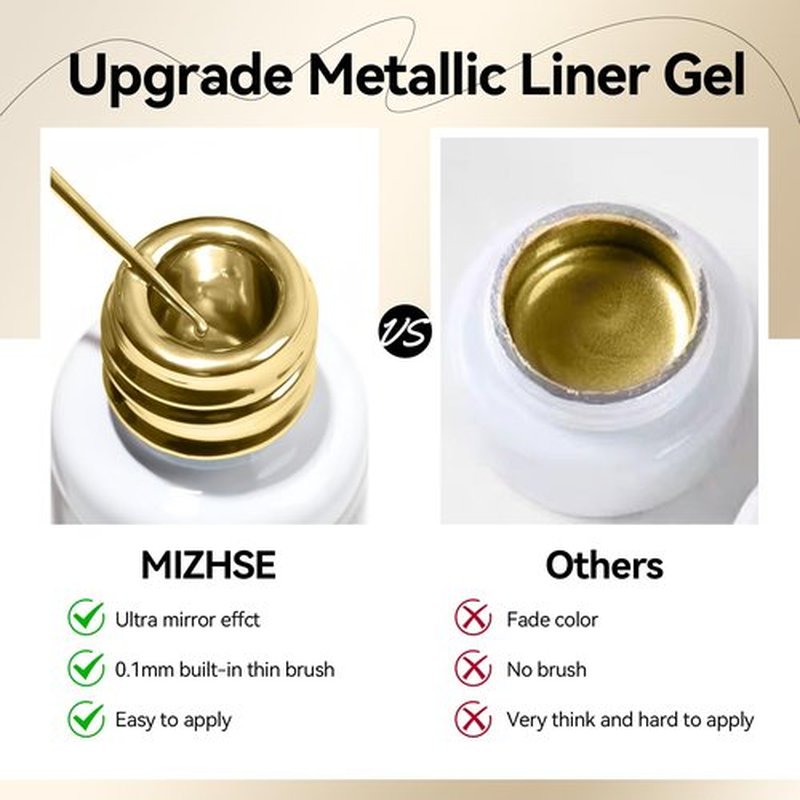 MIZHSE Metallic Gel Liner Nail Art - Gold Silver 4 Colors, 3D Mirror Gel Painted Spider Drawing Line, Glossy Painting Swirl French Chrome Effect Nail Design Soak off Manicure Set